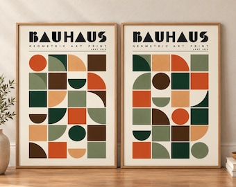 Bauhaus Wall Art Set of 2 Geometric Prints, Mid Century Printable Download
