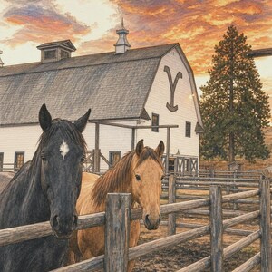 May include: A coloured pencil drawing of a black horse with a white star and a tan horse standing behind a wooden fence. In the background, a white barn features a large letter Y brand on its side under a vibrant orange and purple sunset sky.