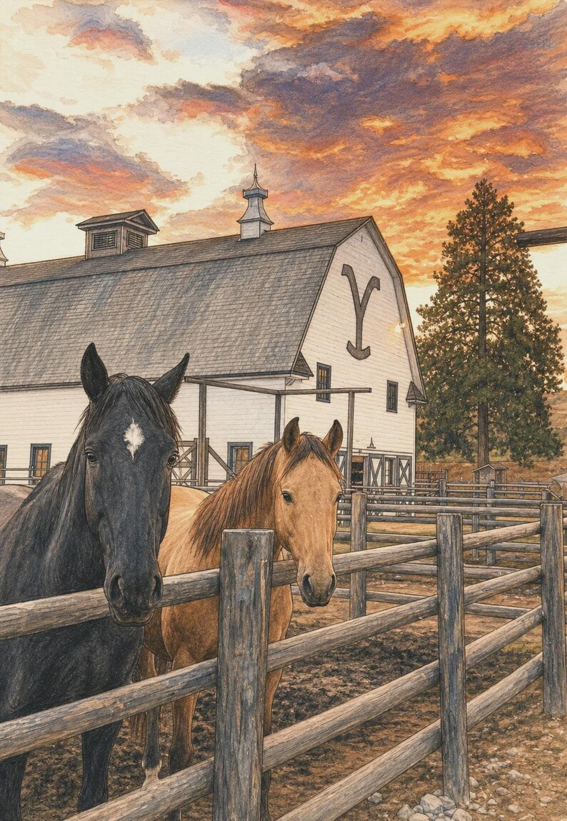 May include: A coloured pencil drawing of a black horse with a white star and a tan horse standing behind a wooden fence. In the background, a white barn features a large letter Y brand on its side under a vibrant orange and purple sunset sky.