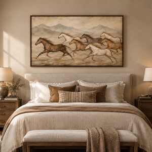 May include: A rectangular framed wall art piece featuring a painted scene of a herd of horses galloping across a dusty landscape with mountains in the background. The horses are depicted in various shades of brown, white, and grey.