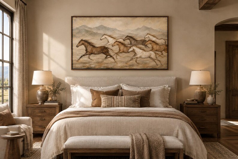 May include: A rectangular framed wall art piece featuring a painted scene of a herd of horses galloping across a dusty landscape with mountains in the background. The horses are depicted in various shades of brown, white, and grey.