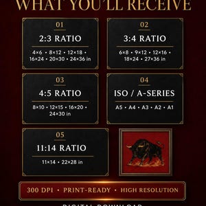 May include: A dark red informational graphic titled THREAD BYTE CREATIVE WHAT YOU'LL RECEIVE. It lists five digital file ratios with imperial dimensions in inches, including 2:3, 3:4, 4:5, ISO A-series, and 11:14. Includes a bull illustration and 300 DPI text.