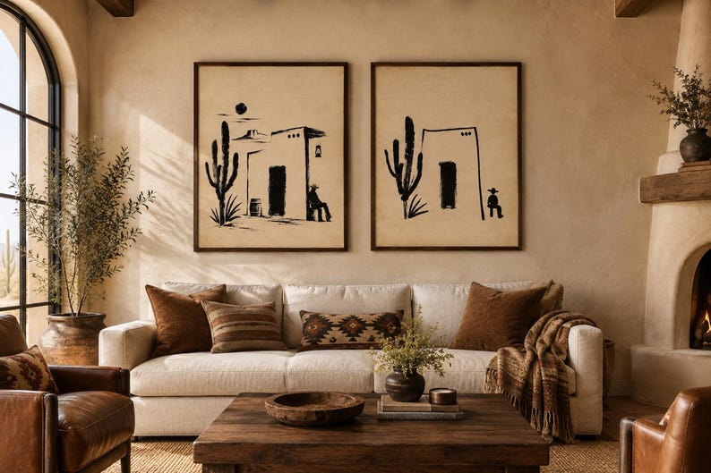 May include: Two framed wall art prints featuring black ink illustrations of desert scenes with cacti, adobe buildings, and figures in hats on a beige background, displayed side-by-side above a cream-colored sofa in a living room setting.