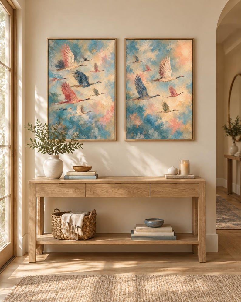 May include: Two framed rectangular wall art prints featuring a flock of birds in flight against a soft, painterly sky of blended blue, pink, and cream tones. The birds are depicted in various shades of white, pink, and dark blue with wings spread.