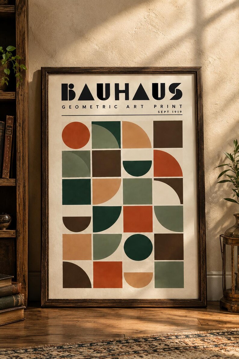 K&ouml;nnte beinhalten: Ein gerahmter Kunstdruck mit der Aufschrift BAUHAUS GEOMETRIC ART PRINT SEPT 1919. Das Poster zeigt ein Raster aus Quadraten mit verschiedenen geometrischen Formen wie Kreisen, Halbkreisen und Vollquadraten in Orange-, Gr&uuml;n- und Braunt&ouml;nen.