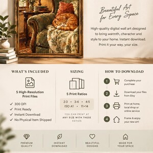 May include: A digital wall art listing for ThreadByteCreative featuring a framed painting of an orange cat sleeping on a green armchair. The graphic includes text details on five high-resolution print files, sizing ratios, and download instructions for this digital product.