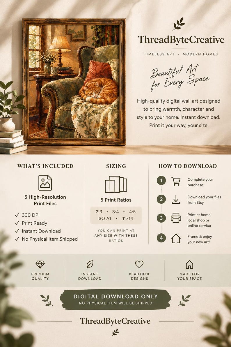 May include: A digital wall art listing for ThreadByteCreative featuring a framed painting of an orange cat sleeping on a green armchair. The graphic includes text details on five high-resolution print files, sizing ratios, and download instructions for this digital product.
