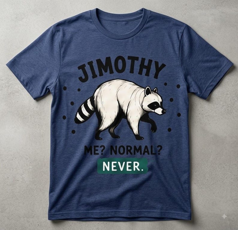May include: A heathered navy blue short-sleeve t-shirt featuring a graphic of a white raccoon with a black mask and striped tail. The text reads JIMOTHY above the raccoon, and ME? NORMAL? NEVER. below, with NEVER inside a green rectangle.