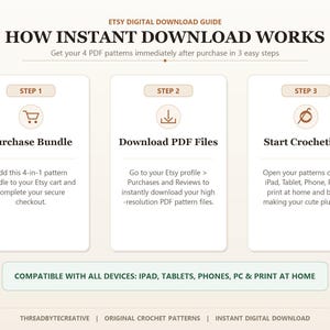 Pu&ograve; includere: Una guida digitale Etsy intitolata How Instant Download Works. Illustra in tre passaggi il processo per un pacchetto di 4 modelli in PDF: Purchase Bundle, Download PDF Files e Start Crocheting. Include testo sulla compatibilit&agrave; dei dispositivi.