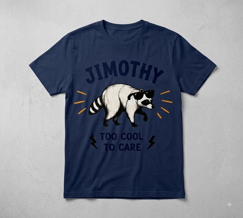 May include: A navy blue short-sleeve t-shirt featuring a graphic of a white raccoon wearing black sunglasses. The text JIMOTHY is printed above the raccoon, and the text TOO COOL TO CARE is printed below, flanked by two black lightning bolt icons.