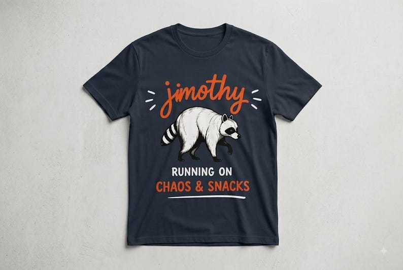 May include: A navy blue short-sleeve t-shirt featuring a graphic of a white raccoon. Above the raccoon is the orange text "jimothy" with small white dashes. Below the raccoon is the white text "RUNNING ON" and the orange text "CHAOS & SNACKS".