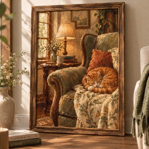 May include: A framed oil painting depicting a cozy interior scene with an orange tabby cat curled up on a green upholstered armchair. The room features a side table with a lamp, a window with sunlight, and a patterned throw blanket on the chair.