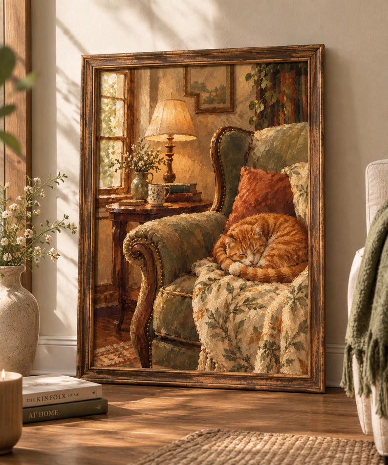 May include: A framed oil painting depicting a cozy interior scene with an orange tabby cat curled up on a green upholstered armchair. The room features a side table with a lamp, a window with sunlight, and a patterned throw blanket on the chair.