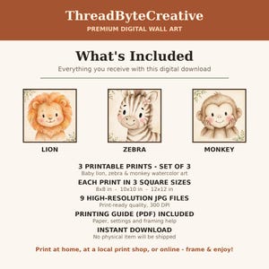K&ouml;nnte beinhalten: Digitales Wandkunst-Set mit drei Aquarellillustrationen eines L&ouml;wen, eines Zebras und eines Affen. Der Text enth&auml;lt ThreadByteCreative, What's Included und Details zu 3 Drucken in den Gr&ouml;&szlig;en 8x8, 10x10 und 12x12 Zoll.