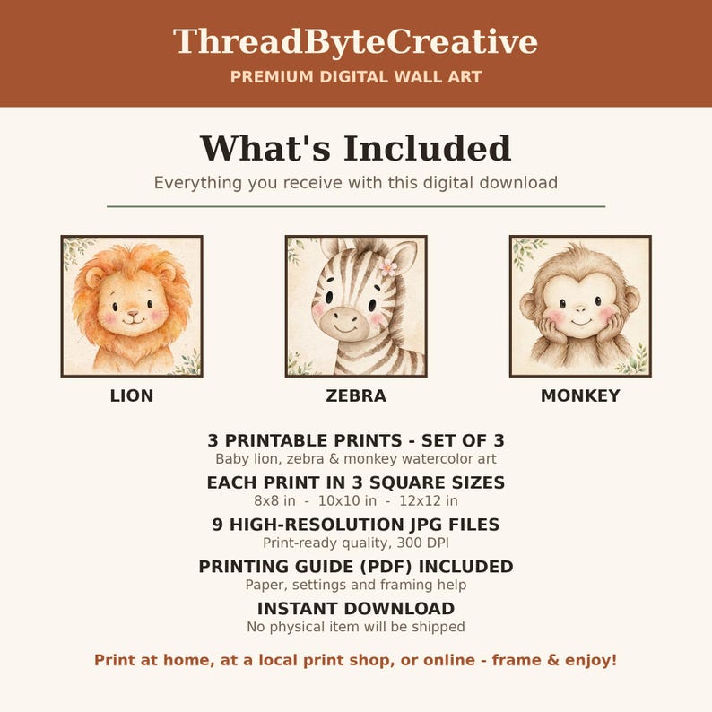 K&ouml;nnte beinhalten: Digitales Wandkunst-Set mit drei Aquarellillustrationen eines L&ouml;wen, eines Zebras und eines Affen. Der Text enth&auml;lt ThreadByteCreative, What's Included und Details zu 3 Drucken in den Gr&ouml;&szlig;en 8x8, 10x10 und 12x12 Zoll.