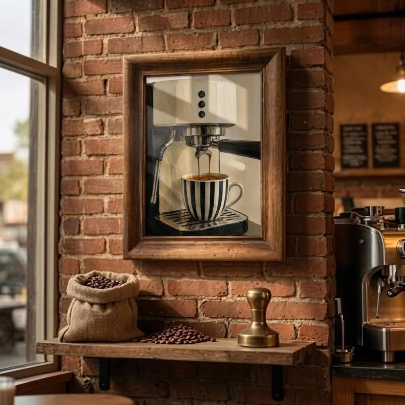 May include: A framed wall art print depicting a cream-colored espresso machine brewing coffee into a black and white striped ceramic mug. The scene includes a burlap sack of coffee beans and a metal tamper resting on a wooden shelf.