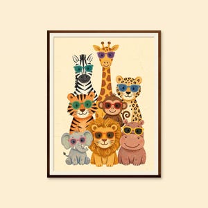 May include: A framed wall art print featuring a group of illustrated animals including a zebra, giraffe, leopard, tiger, monkey, lion, elephant, and hippo. Each animal is wearing colorful sunglasses against a light cream background.