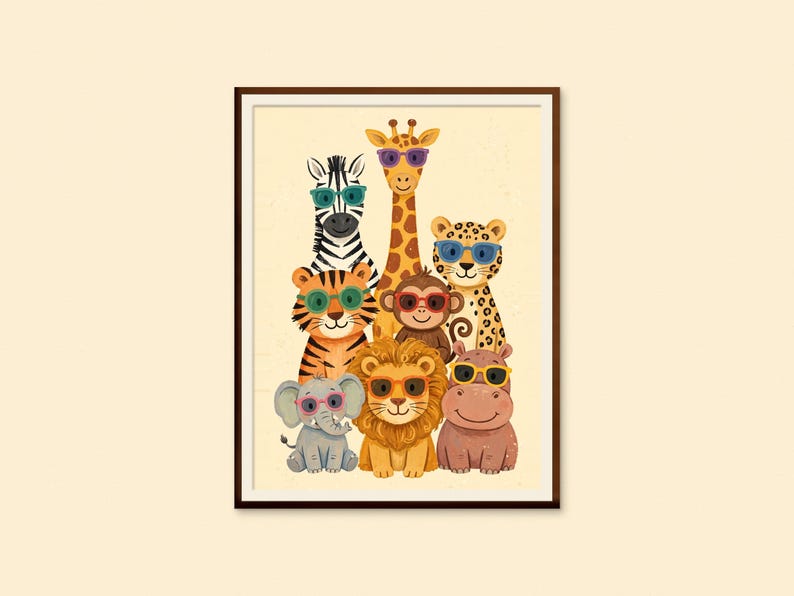 May include: A framed wall art print featuring a group of illustrated animals including a zebra, giraffe, leopard, tiger, monkey, lion, elephant, and hippo. Each animal is wearing colorful sunglasses against a light cream background.