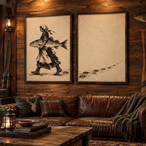 May include: Two framed wall art prints featuring a sepia-toned illustration of a person carrying a large fish on the left and a trail of footprints leading across the right, displayed above a brown leather sofa in a rustic wooden room.