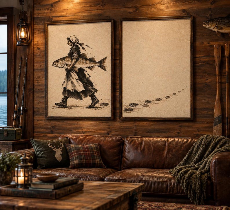 May include: Two framed wall art prints featuring a sepia-toned illustration of a person carrying a large fish on the left and a trail of footprints leading across the right, displayed above a brown leather sofa in a rustic wooden room.