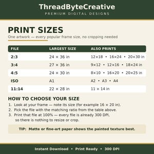 Print sizes guide for the dark green moon landscape wall art — 2:3, 3:4, 4:5, ISO A and 11:14 ratios included, ready to print and frame