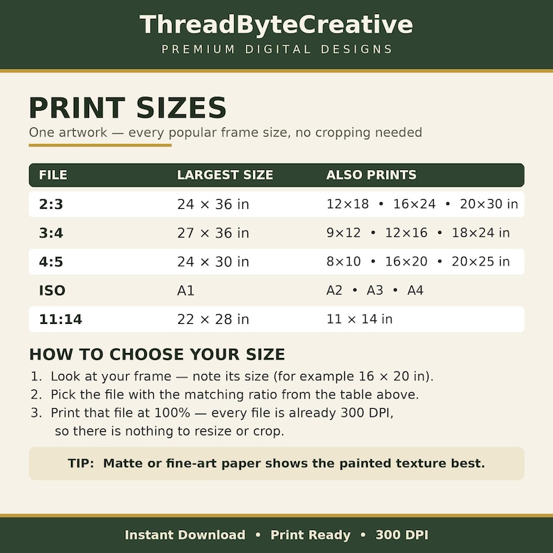 Print sizes guide for the dark green moon landscape wall art — 2:3, 3:4, 4:5, ISO A and 11:14 ratios included, ready to print and frame