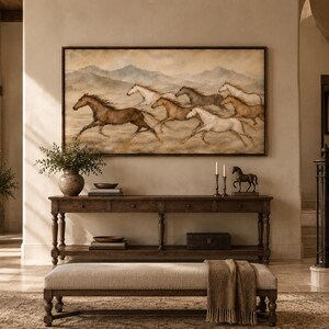 May include: A large rectangular wall art piece depicting a herd of horses running across a landscape with mountains in the background. The painting features horses in shades of brown, white, and grey, set within a dark wooden frame on a beige wall.