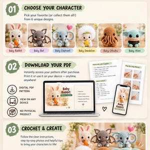 Virkmönster Paket: 6 Baby Amigurumi Gosedjur, PDF Nedladdning bild 9