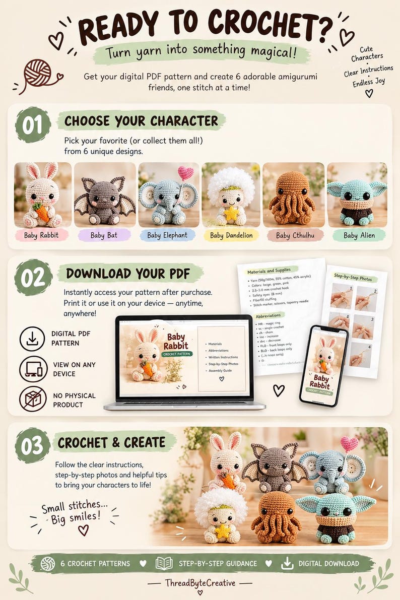 Virkmönster Paket: 6 Baby Amigurumi Gosedjur, PDF Nedladdning bild 9