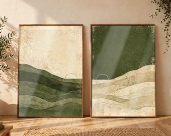 Japandi Wall Art Set of 2, Green Abstract Landscape Prints, Wabi Sabi Decor, Digital Download