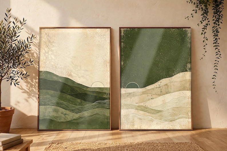 May include: Two rectangular wall art prints featuring abstract landscape designs. The left print shows layered green hills against a cream sky with a thin sun arc. The right print displays a dark green sky over cream-colored rolling hills.