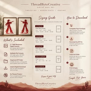May include: A digital wall art listing by ThreadByteCreative featuring two red cowboy illustrations. The image includes a sizing guide with various ratios and print sizes in inches, along with a step-by-step how-to-download guide for the files.