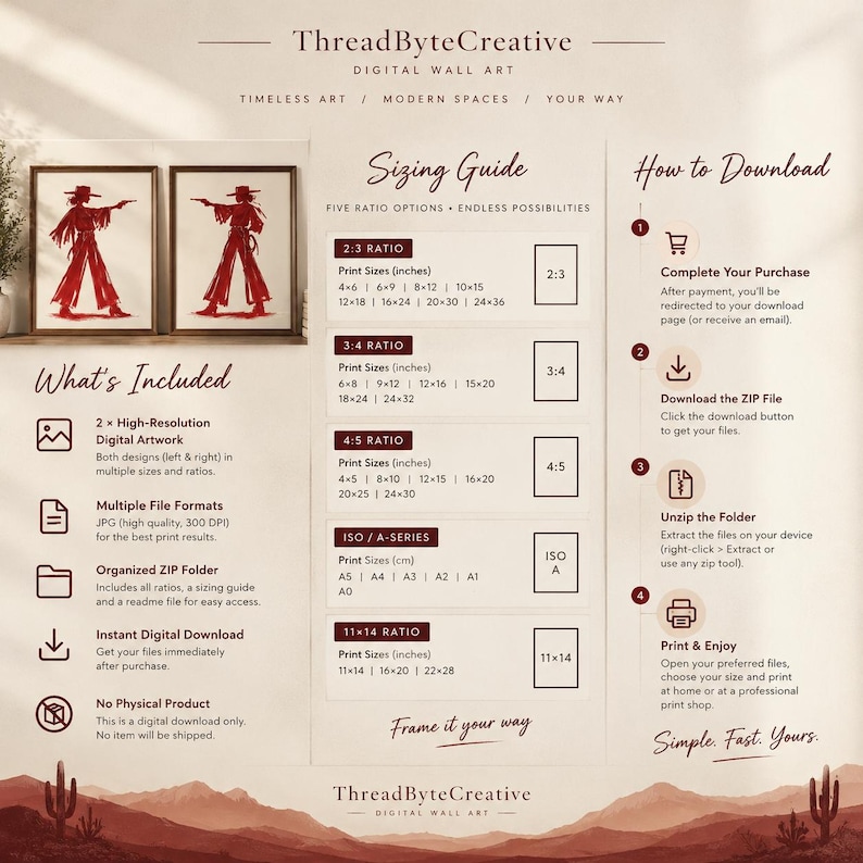 May include: A digital wall art listing by ThreadByteCreative featuring two red cowboy illustrations. The image includes a sizing guide with various ratios and print sizes in inches, along with a step-by-step how-to-download guide for the files.