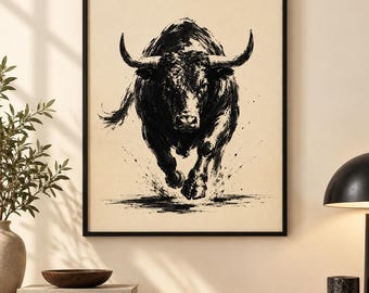 Bull Wall Art Printable, Black Ink Western Wall Decor, Rustic Ranch Digital Download
