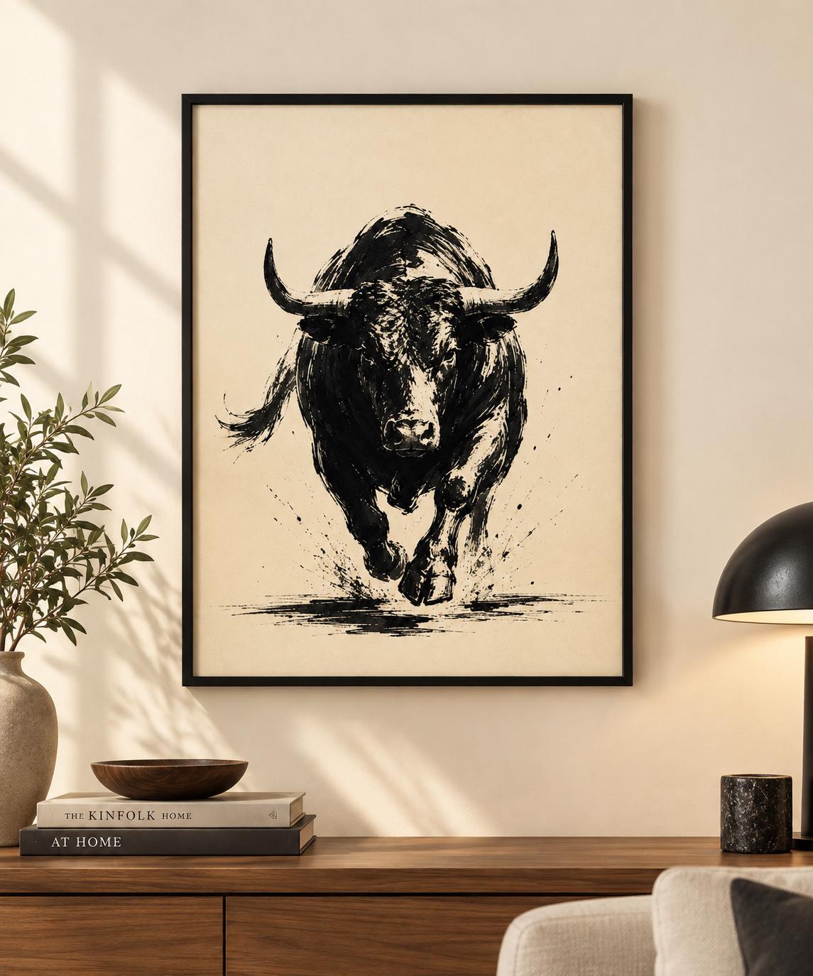 Bull Wall Art Printable, Black Ink Western Wall Decor, Rustic Ranch Digital Download