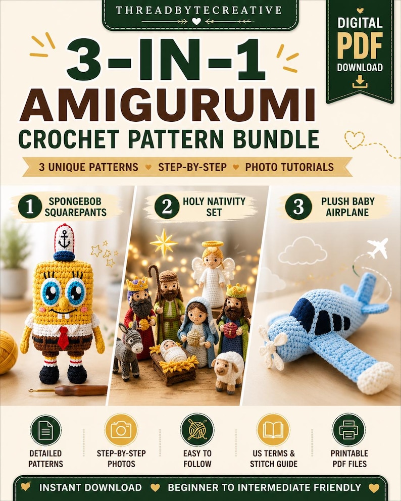 Pu&ograve; includere: Un pacchetto di schemi per uncinetto in PDF digitale intitolato 3-IN-1 AMIGURUMI CROCHET PATTERN BUNDLE. Include istruzioni per una figura gialla di Spongebob, un set del presepe e un aeroplano di peluche azzurro per bambini.