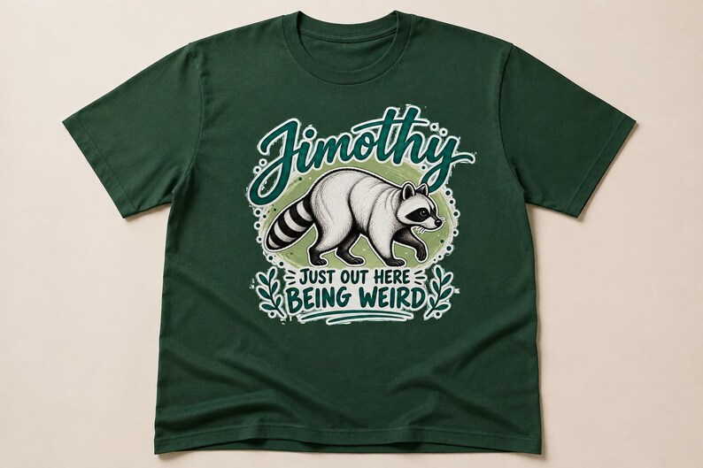 May include: A dark green short-sleeve t-shirt featuring a graphic of a white raccoon with black markings. The text "Jimothy" appears above the raccoon, and the text "JUST OUT HERE BEING WEIRD" is printed below, surrounded by decorative leaf accents.