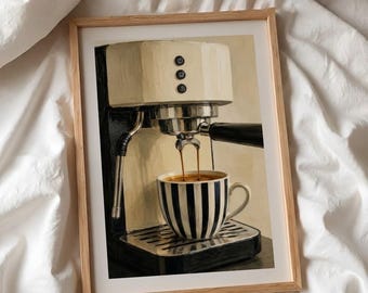 Coffee Wall Art Espresso Machine Painting, Striped Mug Kitchen Print