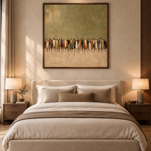 May include: A square framed wall art piece featuring a textured olive green background above a sandy beige foreground, depicting a dense horizontal line of small, abstract figures dressed in varied colorful clothing and dark hats.
