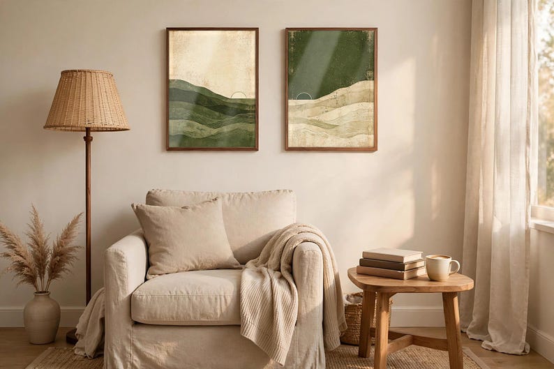 May include: Two rectangular wall art prints in wooden frames featuring abstract landscape designs with layered green and beige tones, each displaying a small white arched line graphic, displayed side by side on a plain wall.