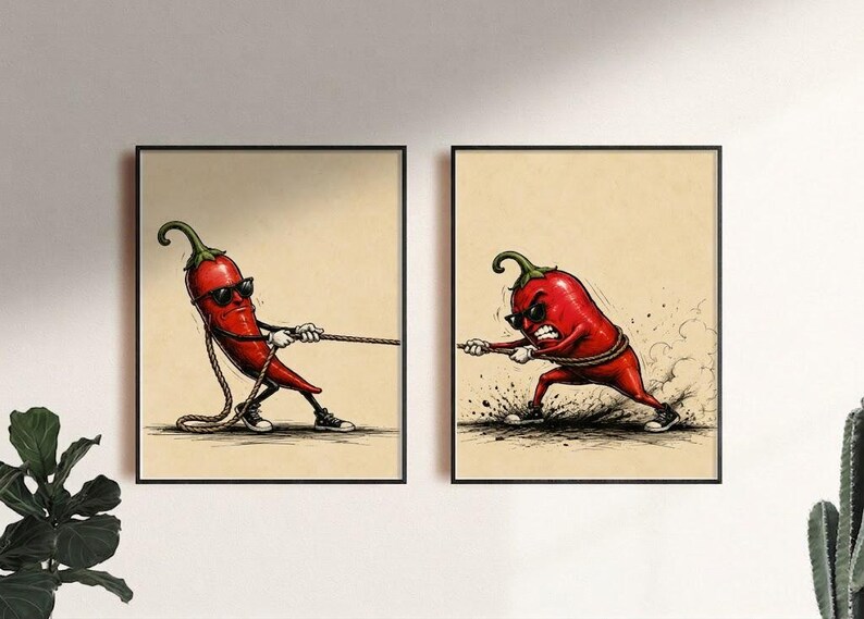May include: Two framed wall art prints featuring a red chilli pepper character wearing sunglasses and trainers. In the left print, the chilli pulls a rope, and in the right print, the chilli pulls the same rope with an intense, angry expression.