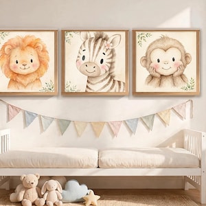 Safari nursery wall art set of 3, watercolor baby lion zebra and monkey prints in oak frames in a sunny nursery