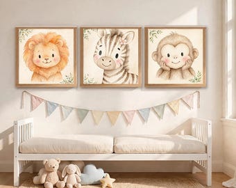 Safari Nursery Wall Art Set of 3, Baby Animal Prints, Digital Download
