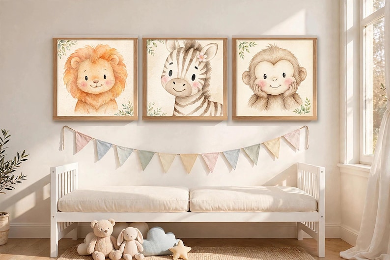 Safari nursery wall art set of 3, watercolor baby lion zebra and monkey prints in oak frames in a sunny nursery