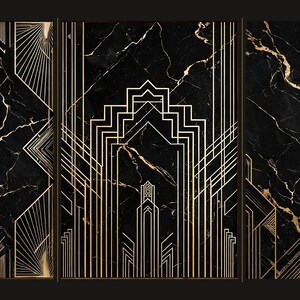 May include: A set of three rectangular wall art panels featuring a black marble background with gold veining. Each panel displays intricate, symmetrical geometric line patterns in gold, creating a structured and repeating visual design.