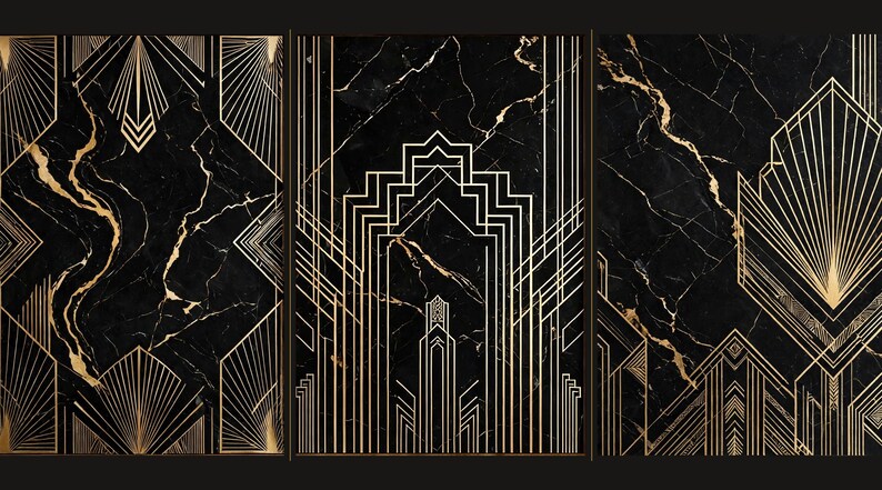 May include: A set of three rectangular wall art panels featuring a black marble background with gold veining. Each panel displays intricate, symmetrical geometric line patterns in gold, creating a structured and repeating visual design.
