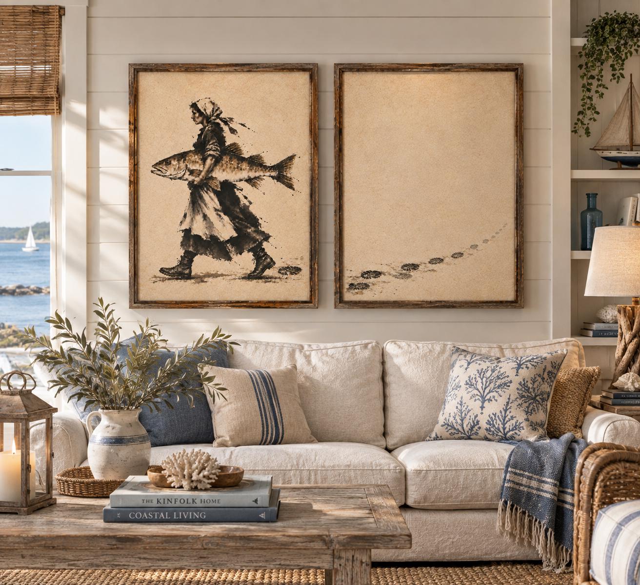Coastal Wall Art Vintage Fisherwoman Print, Woman Fishing, Rustic Lake House Decor photo 4