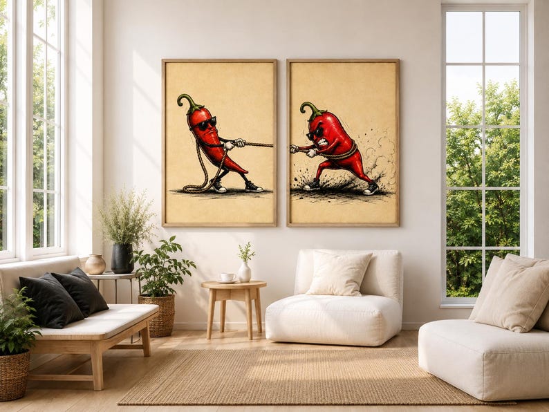 May include: Two framed wall art prints featuring a cartoon red chilli pepper character wearing sunglasses and trainers, engaged in a tug-of-war match. The illustrations are set against a textured, light tan background with visible ink details.