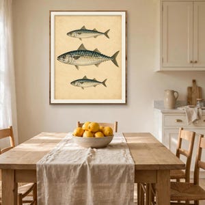 Vintage fish print in a wood frame on a farmhouse kitchen dining room wall — antique mackerel illustration, a classic fish lover gift for a coastal kitchen
