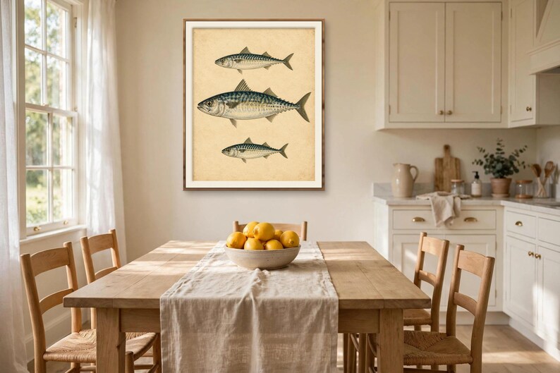 Vintage fish print in a wood frame on a farmhouse kitchen dining room wall — antique mackerel illustration, a classic fish lover gift for a coastal kitchen